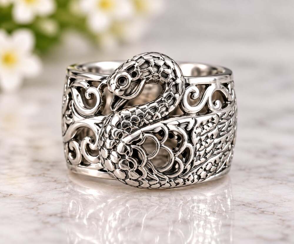 Swan Band Ring Filigree Scroll Design
